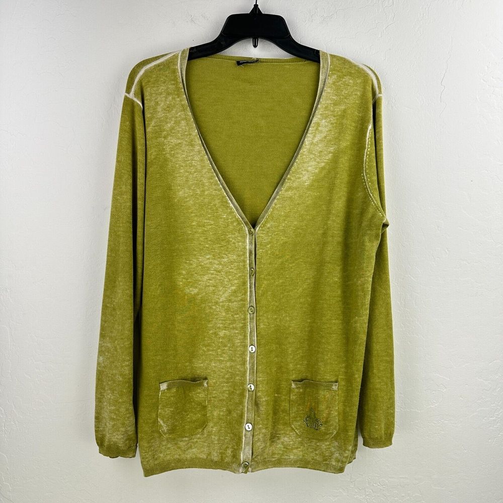 Gerry Weber Sweater Womens 44 Chartreuse‎ Cardigan Rhinestone Minimalist Pockets